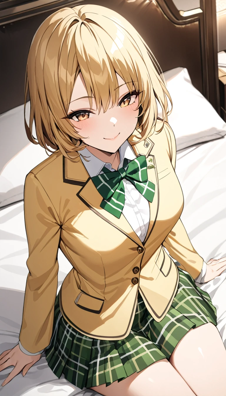 masterpiece, best quality, highres, 1girl, solo, blonde medium hair, brown eyes, , green bowtie, blazer, yellow jacket, long sleeves, plaid skirt, green skirt, sitting on bed, put hands on hip,cowboy shot,from above,in luxury bed room. smile,closed mouth