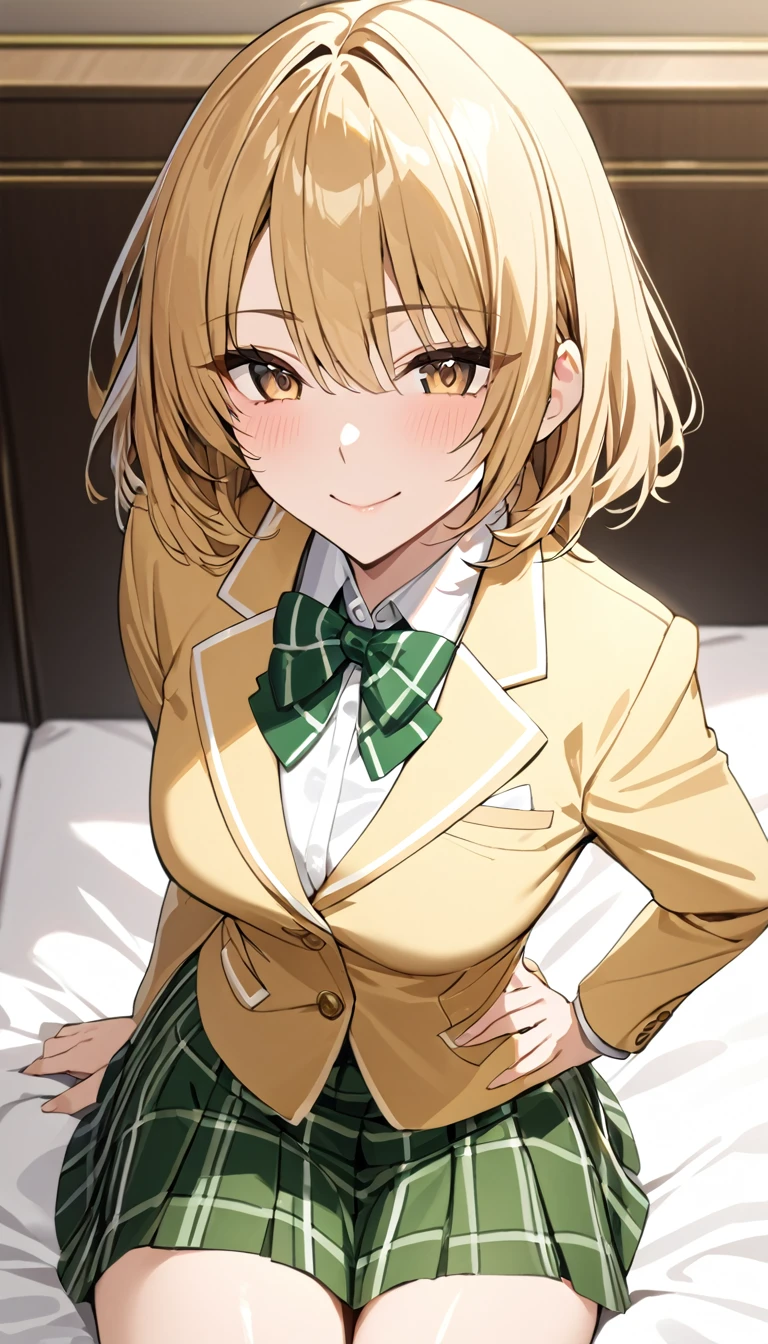 masterpiece, best quality, highres, 1girl, solo, blonde medium hair, brown eyes, , green bowtie, blazer, yellow jacket, long sleeves, plaid skirt, green skirt, sitting on bed, put hands on hip,cowboy shot,from above,in luxury bed room. smile,closed mouth