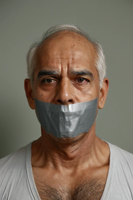 Old Indian man, old indian men , men white singlet, hairy chest, short hair, white singlet, tape gag, tapegag , men singlet