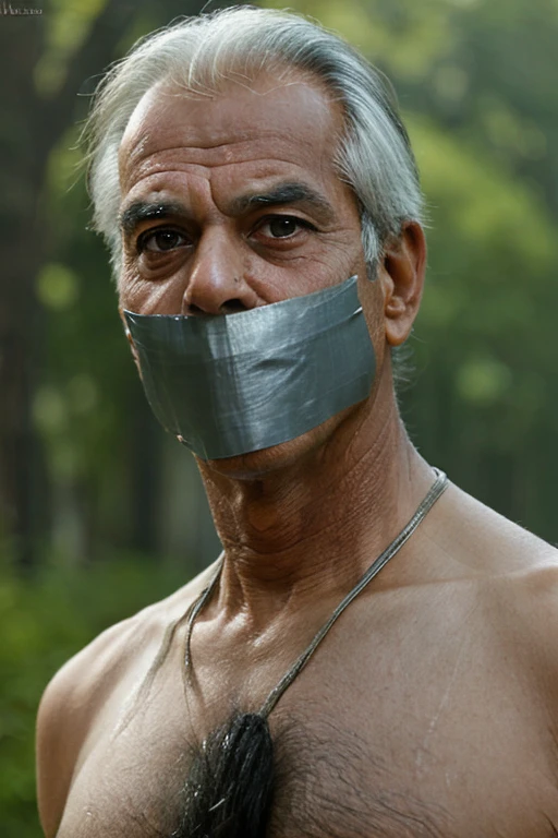 Old Indian man, old indian men , men white singlet, hairy chest, short hair, white singlet, tape gag, tapegag , men singlet