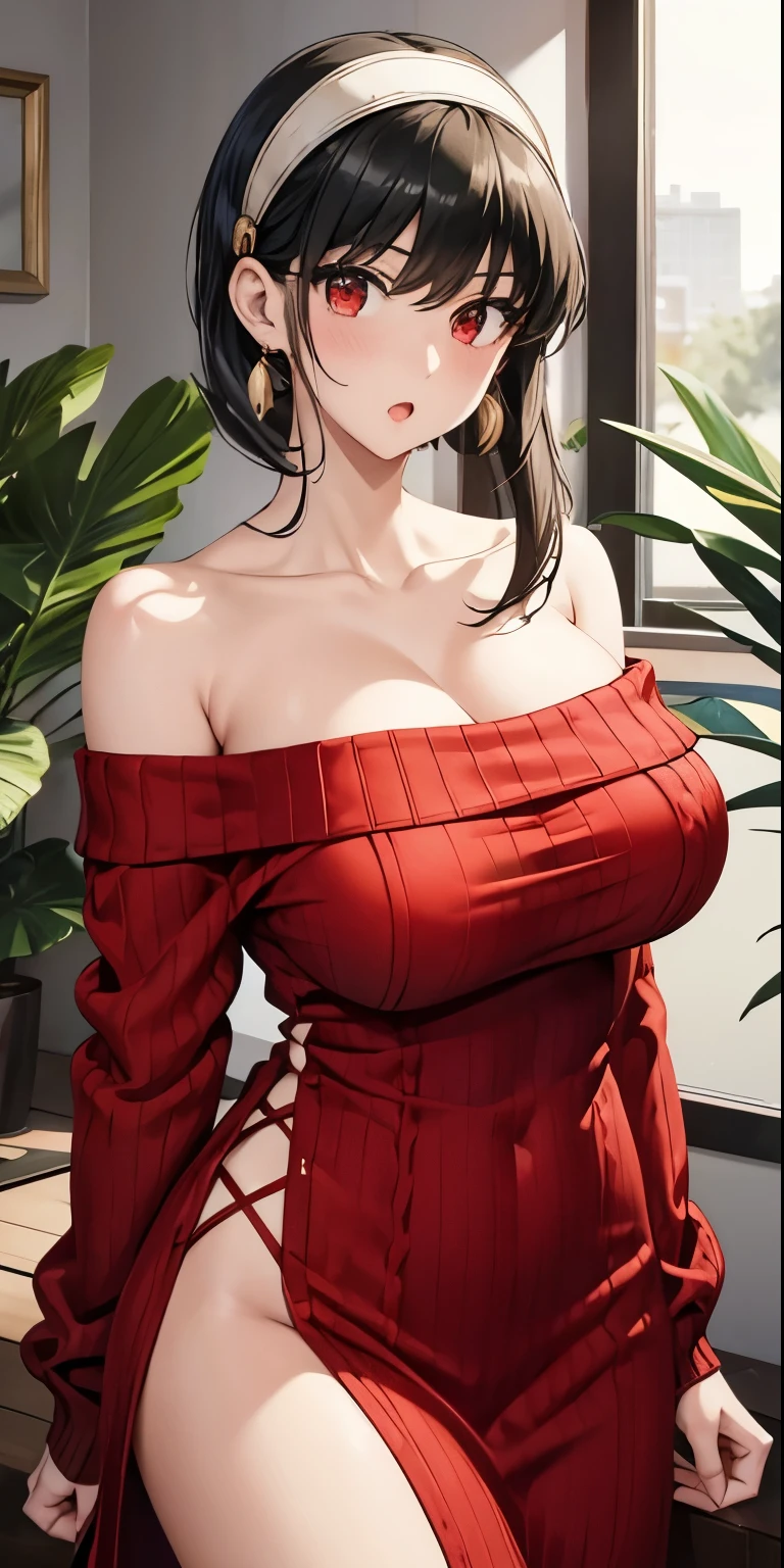 masterpiece, yor, 1girl, solo, looking at viewer, open mouth, black hair, red eyes, dress, bare shoulders, jewelry, collarbone, sidelocks, hairband, earrings, indoors, off shoulder, :o, sweater, arms behind back, plant, short hair with long locks, white hairband, off-shoulder dress, sweater dress, off-shoulder sweater, red sweater, big side hair, very long side hair,(big tits:1.4), (huge tits),cleavage,(upper body),(nipples)