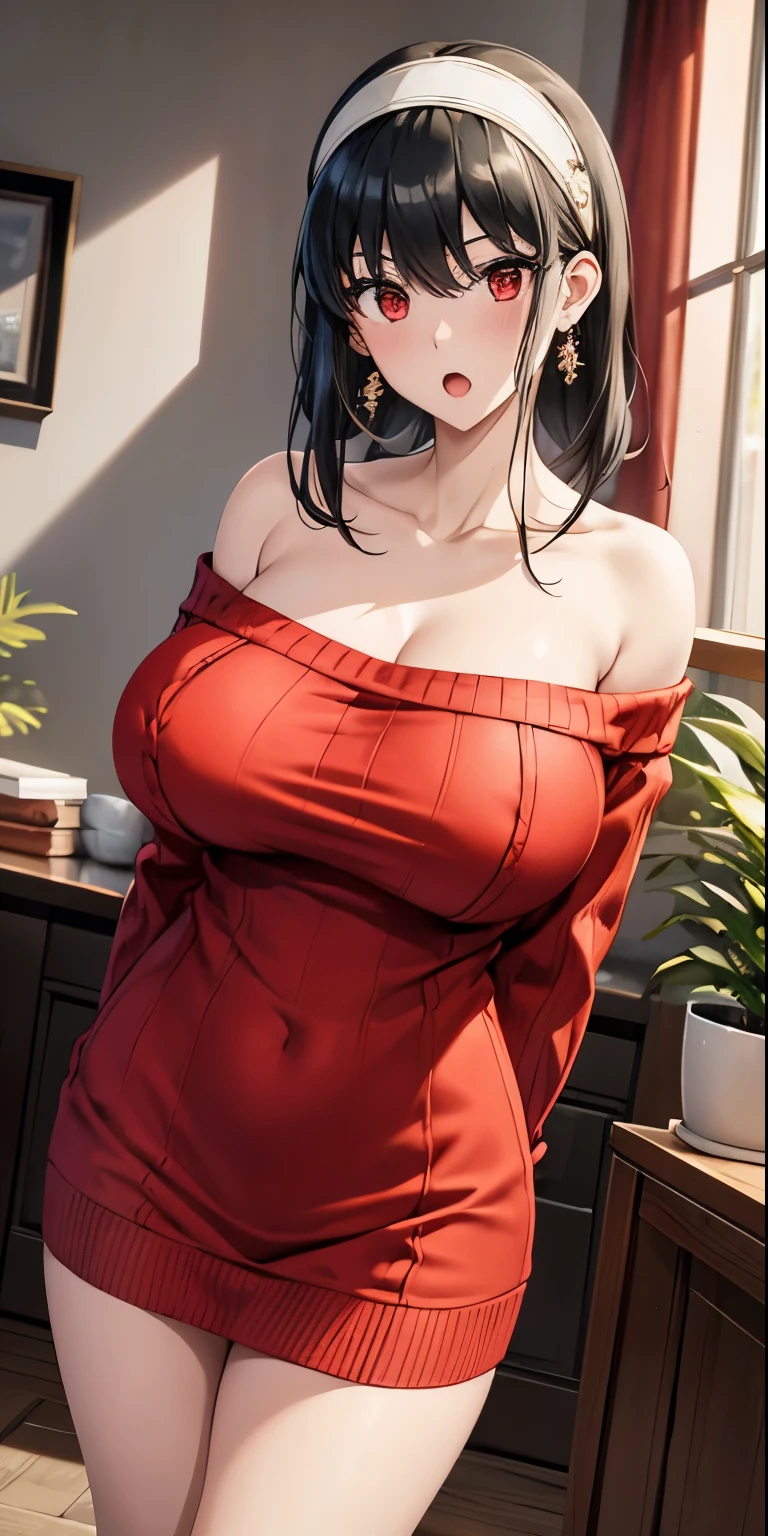 masterpiece, yor, 1girl, solo, looking at viewer, open mouth, black hair, red eyes, dress, bare shoulders, jewelry, collarbone, sidelocks, hairband, earrings, indoors, off shoulder, :o, sweater, arms behind back, plant, short hair with long locks, white hairband, off-shoulder dress, sweater dress, off-shoulder sweater, red sweater, big side hair, very long side hair,(big tits:1.4), (huge tits),cleavage,(nipples)
