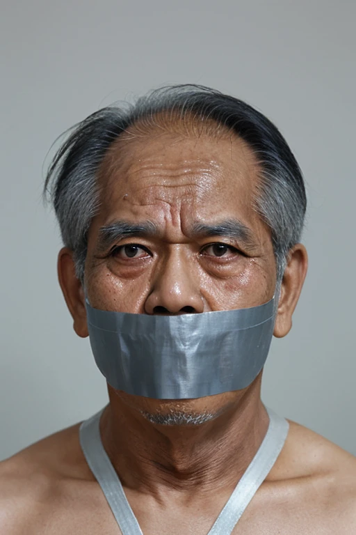 Old malay man, old malay men , men white singlet, hairy chest, short hair, white singlet, tape gag, tapegag , men singlet