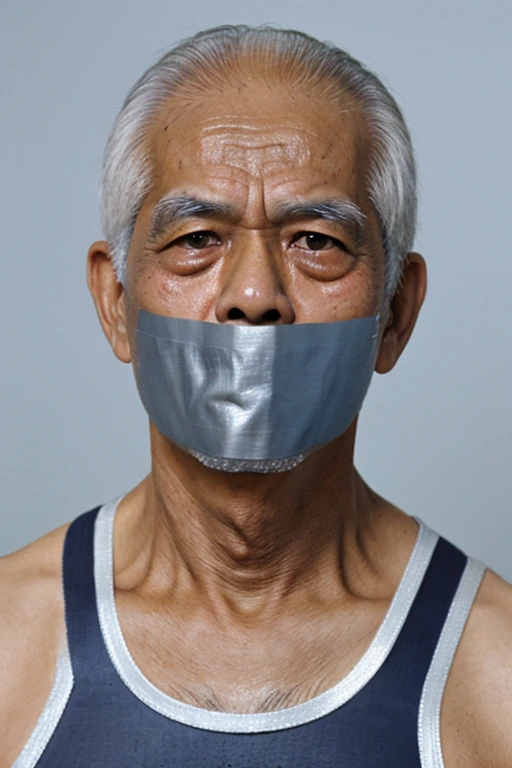 Old malay man, old malay men , men white singlet, hairy chest, short hair, white singlet, tape gag, tapegag , men singlet