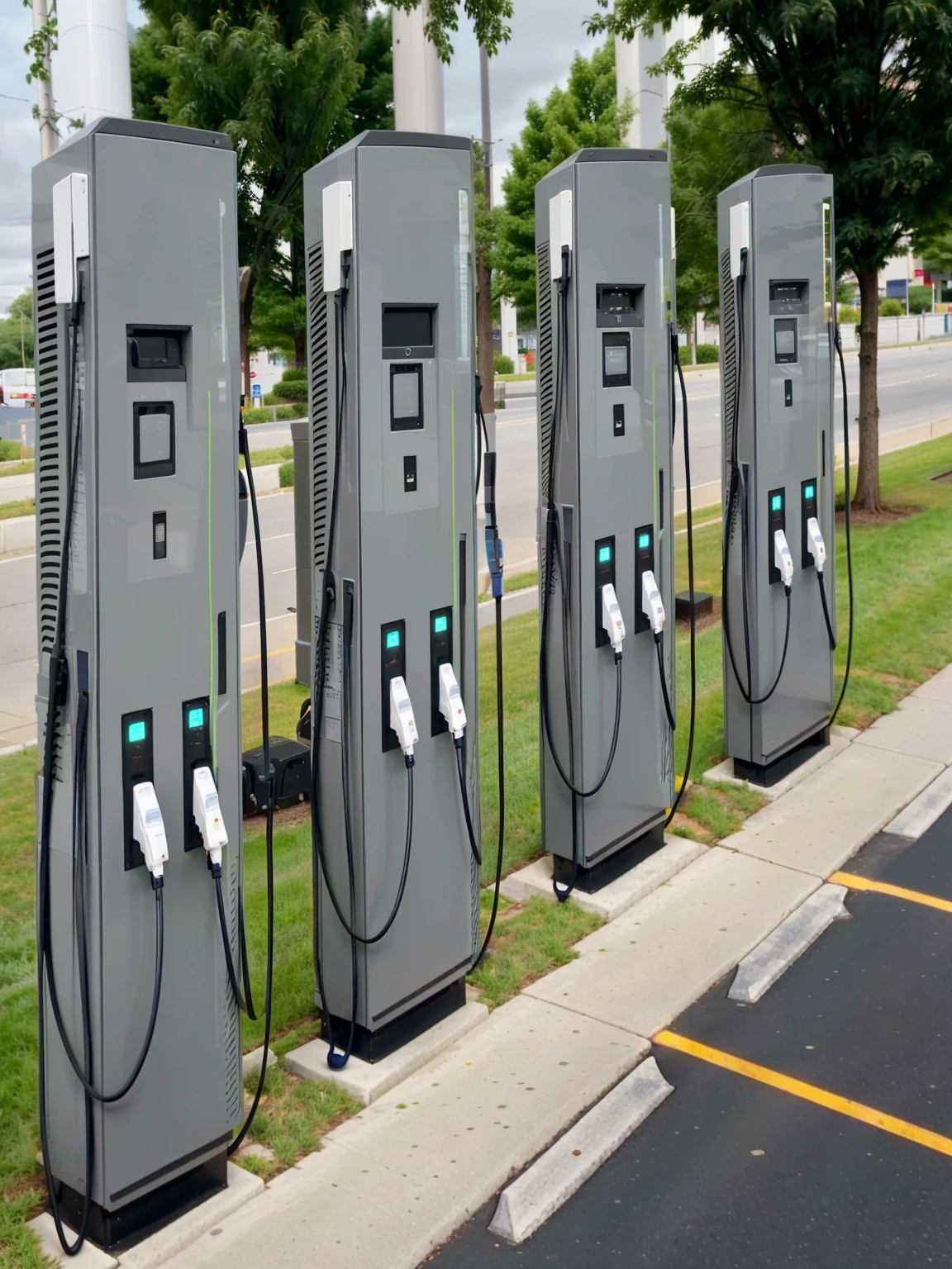 arafed electric charging stations are lined up in a row, very intense, charging through city, by Randy Post, motivational, a super-smart, conceptual, a hyper realistic, inspiring, circular, very neat, 2 1 st century, static, hyper realistic ”, hyper realistic”, easy, best selling, it's very huge, energy, large and in charge, upset