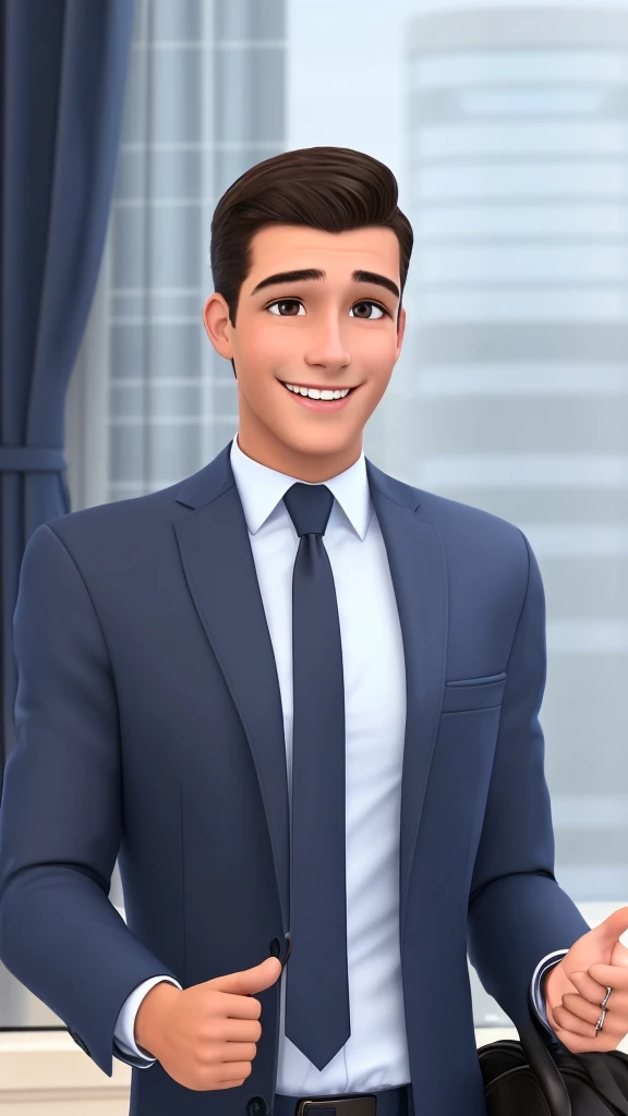 Young man with dark hair, brown eyes, wearing dark blue business clothes, smiling, showing thumb up, realistic, cartoon style