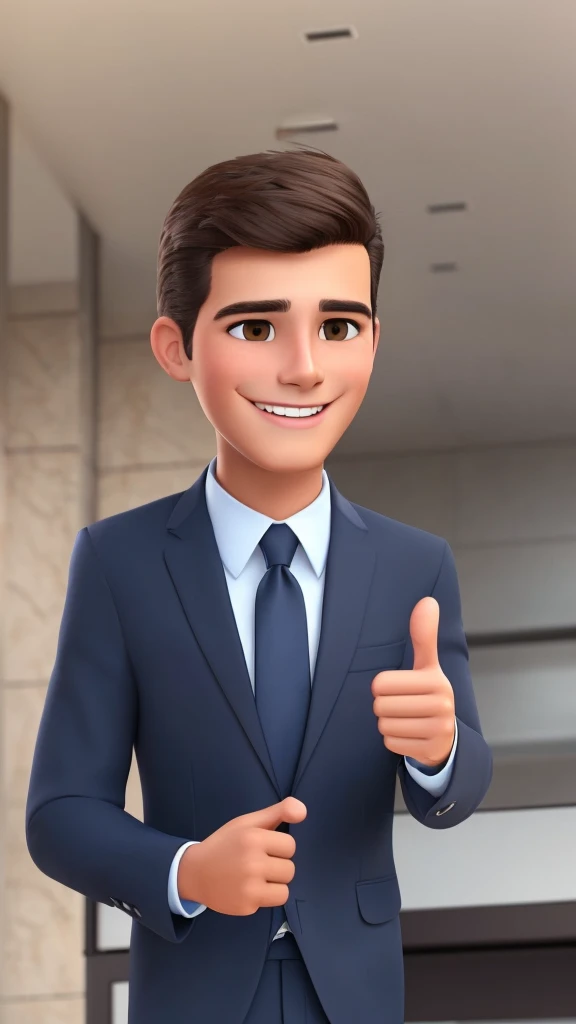 Young man with dark hair, brown eyes, wearing dark blue business clothes, smiling, showing thumb up, realistic, cartoon style