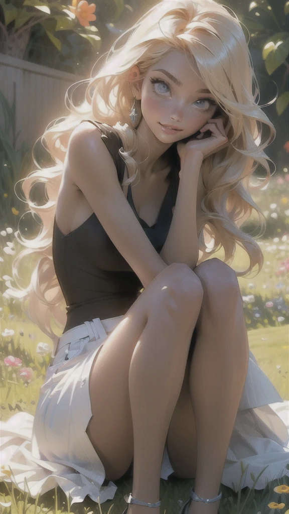 melancholy lighting, quiet, calm, brightness, masterpiece, best quality, 1girl, (JinxLol:1.2), (ultra photorealistic:1.3), (masterpiece:1.4), best quality, ((realistic)), high quality, ultra detailed, ((Real image)), ((realistic skin)), ((realistic face)),(illustration:1.05), (beautiful:1.05), (beautiful detailed eyes:1.05), (cinematic light:1.1), Full body, precise proportions, 18-year-old girl, skinny model lying on the grass, surrounding garden, tree shadow, GINGER BLONDIE hair fluttering in the wind, DARK BLUE DRESS, long legs, feet slightly open, buttocks, blush, shyness, collarbone, abdominals, double weave, beautiful and delicate face, fair skin, real skin, (face detail), pores, super high resolution, 8k, parameters Best quality, masterpiece, super high resolution, (Realistic 2.0), More details, detailed skin, wide smile, white teeth, GINGER BLONDIE hair voluminous, perfect and well designed eyes, girlfriend, beautiful, beautiful, flowers, studio lighting