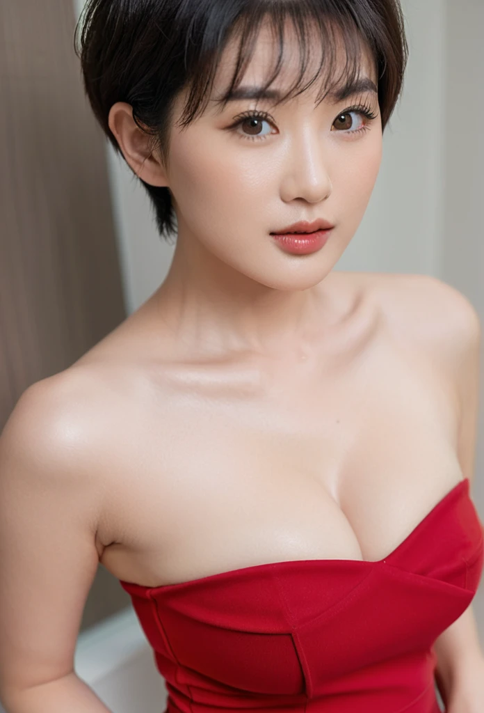 close-up of beautiful South Korean, Ray Yang is a South Korean fitness model, age 28 years old girl, youthful face, white skin body, perfect body, pixie cut, black hair, bust size 34 inches, wearing a tight plain standard light red bandeau bodycon mini dress, Yang holding breasts with her own two hands is very sexy and sigh, Yang squeezes the breasts very seductively, Yang lowered her dress a little bit, sexy looking pose, pose a naughty look, at a boyfriend room, UHD