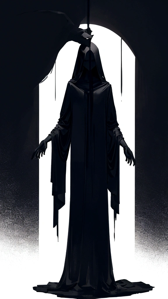 The shadow takes on the form of a human figure, completely devoid of color and detail, appearing as a silhouette in the blackest ink. It stands tall and still, its contours smooth yet indistinct, merging seamlessly with the surrounding darkness. Its limbs are proportionate, but featureless, giving no hint of identity or emotion. The head, devoid of facial features, tilts slightly as if observing, creating an unsettling presence. The figure’s every move is silent, each step blending with the shadows it inhabits, making it seem both ethereal and ominous.