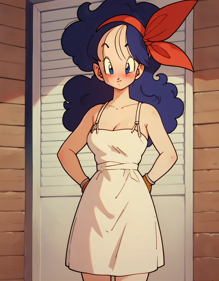 lunch (Dragon Ball) Blue hair, standing, shy, face of shame, blushing, dress 3/4, sideways, hands on hips, nude, drop nice perfect tits