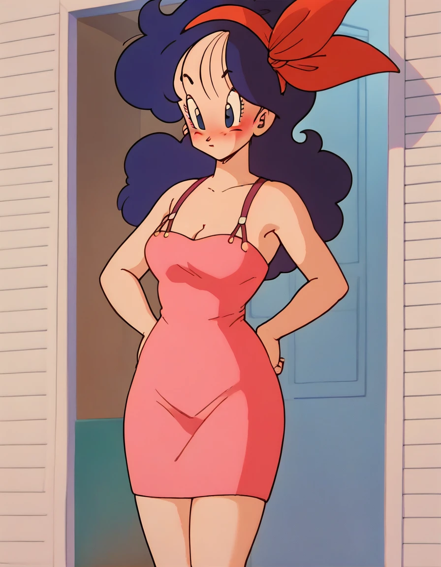 lunch (Dragon Ball) Blue hair, standing, shy, face of shame, blushing, dress 3/4, sideways, hands on hips, nude, drop nice perfect tits