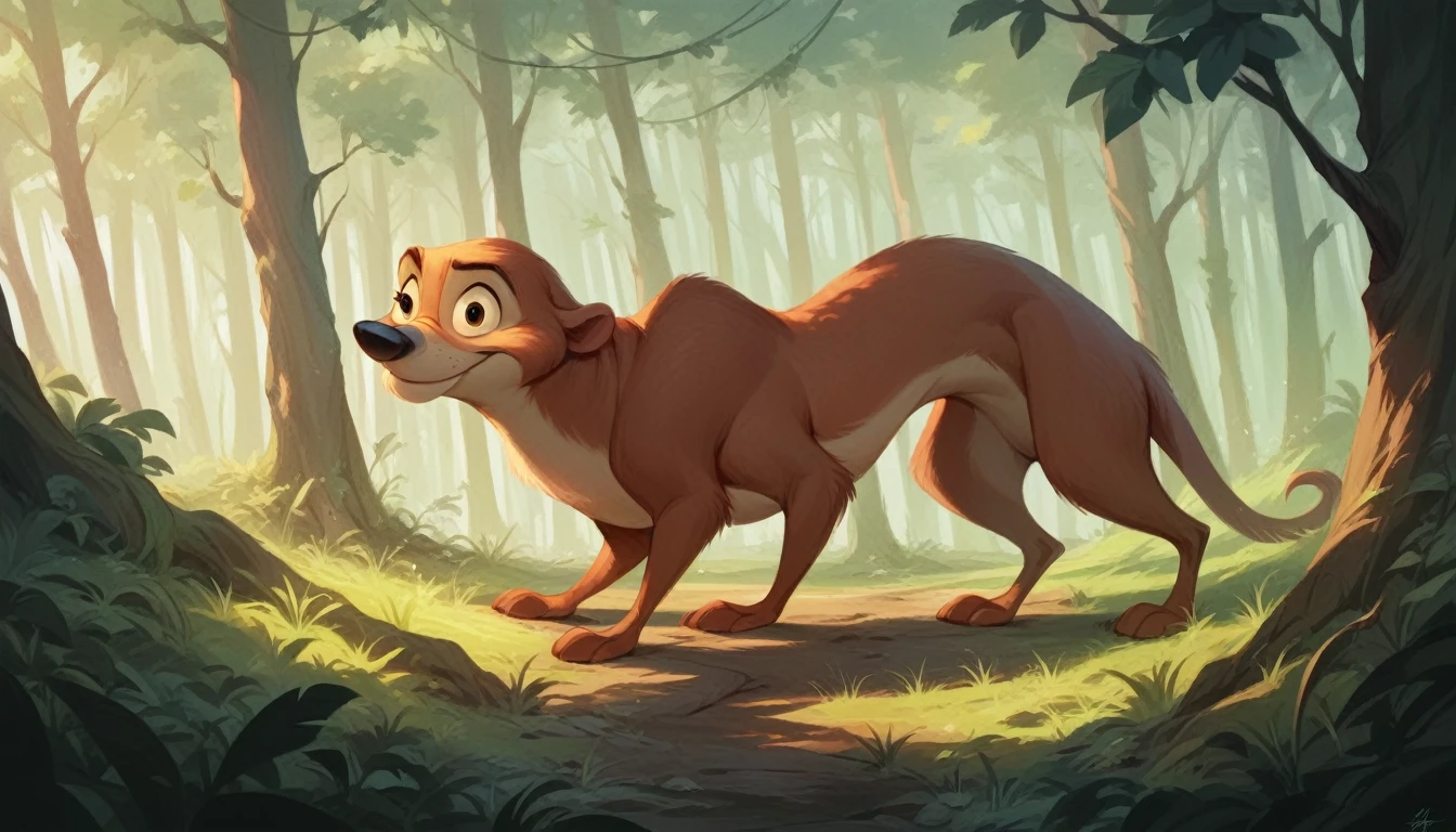 Create an image of a sunset scene in the forest only,
photographic image, ultra-realistic, DISNEY cartoon style image, in 4k