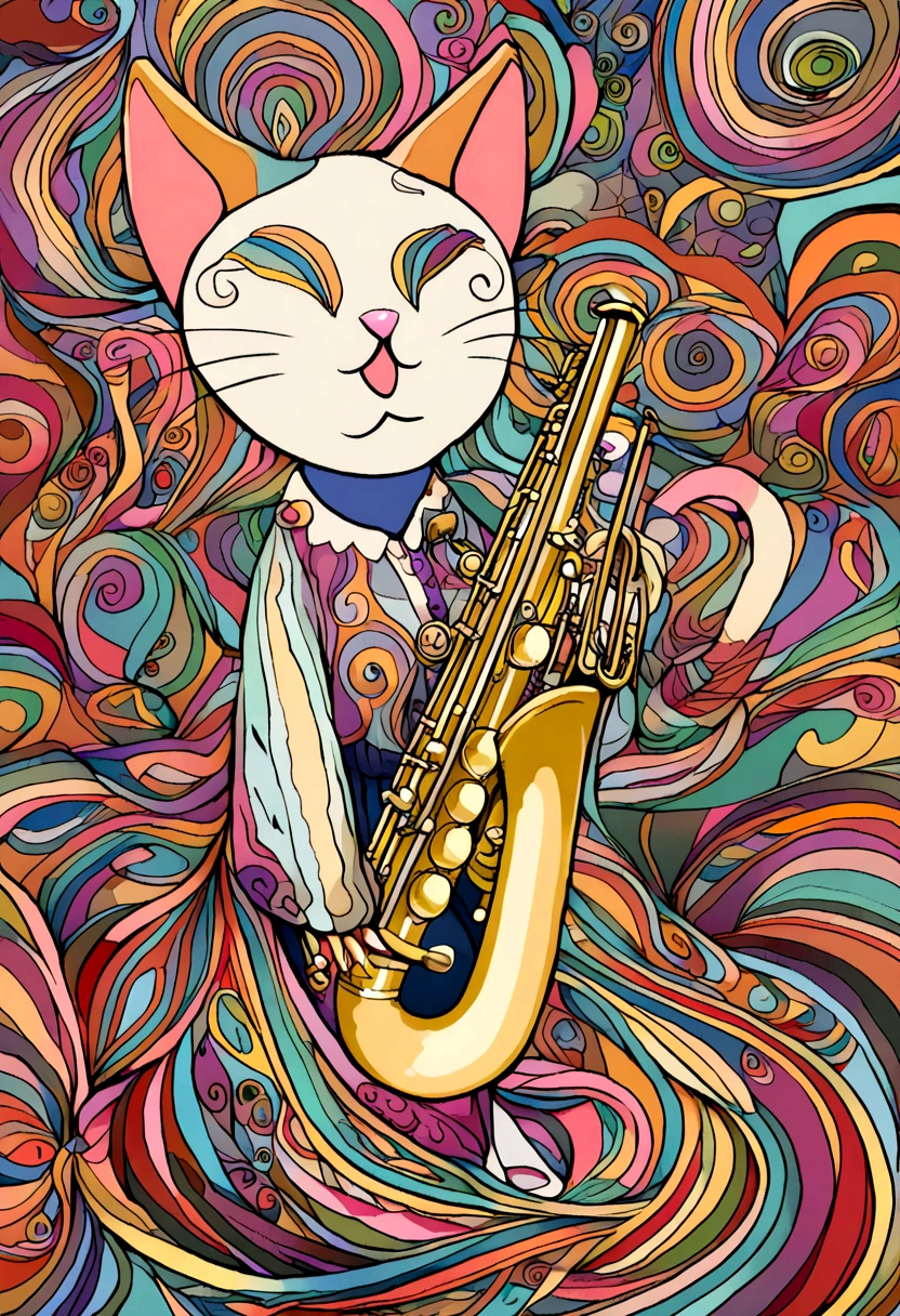 a childs drawing of an abstract cat playing a saxophone