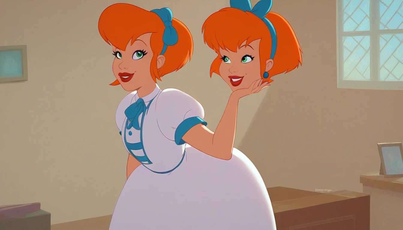 score_8, score_9, cecilia, 1 woman, adult female , mature woman body, solo, orange hair, short hair, green eyes, lips, red lipstik, long white dress, hairband, smile, indoors, white socks, blue shoes, in rich apartment, happy smile, standing, big breasts, sexy hips,
