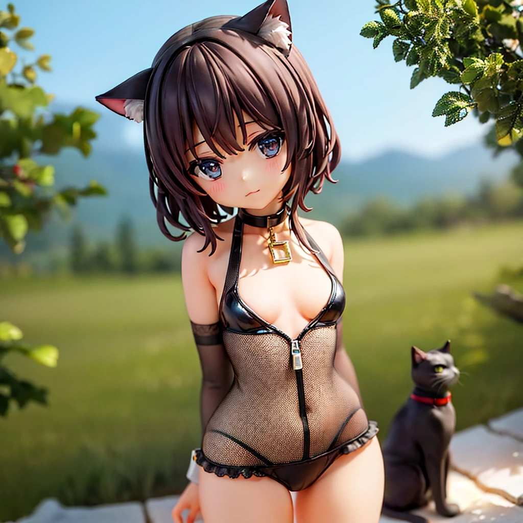 a one woman, In the wilderness, Sunnyday, new, cru, ultra HD, 8K, (close up:1.1), cos, cos altamente detalhado, new, dazzling eyes, smallbreast, cat ears, short in stature