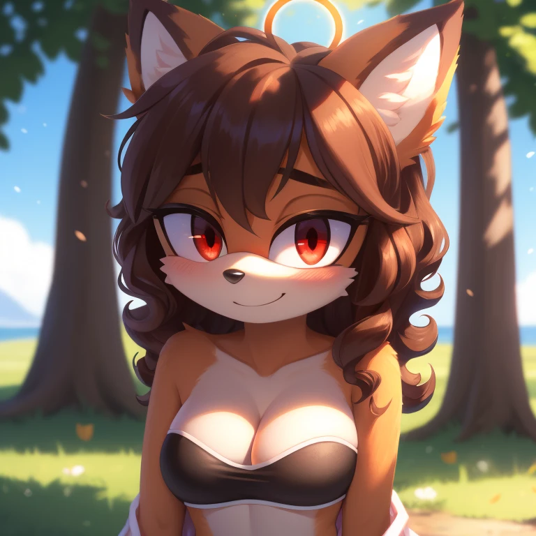 mobian, solo, hedgehog, two-tone fur ((orange fur, brown fur)), strapless crop top, baggy pants, cleavage, two-tone hair (brown hair, black tip)), curly hair, halo, sunglasses, jewelry, red eyes, longeyelashes, red eyes, smile, shy, blush,  framed, stereogram, image fill, viewfinder, depth of field, high details, high detail, masterpiece, UHD, anatomically correct, super detail, highres, 4K