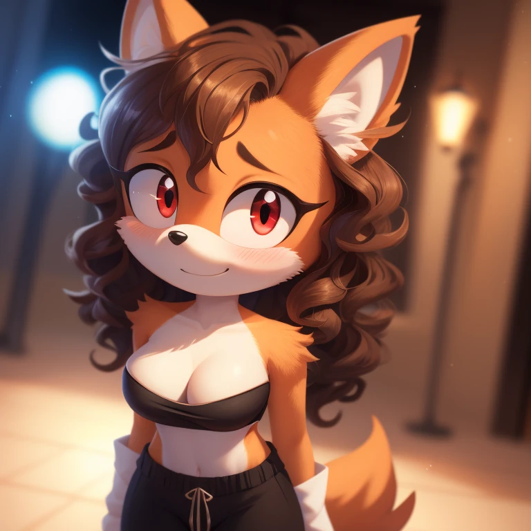 mobian, solo, hedgehog, two-tone fur ((orange fur, brown fur)), strapless crop top, baggy pants, cleavage, two-tone hair (brown hair, black tip)), curly hair, halo, sunglasses, jewelry, red eyes, longeyelashes, red eyes, smile, shy, blush,  framed, stereogram, image fill, viewfinder, depth of field, high details, high detail, masterpiece, UHD, anatomically correct, super detail, highres, 4K