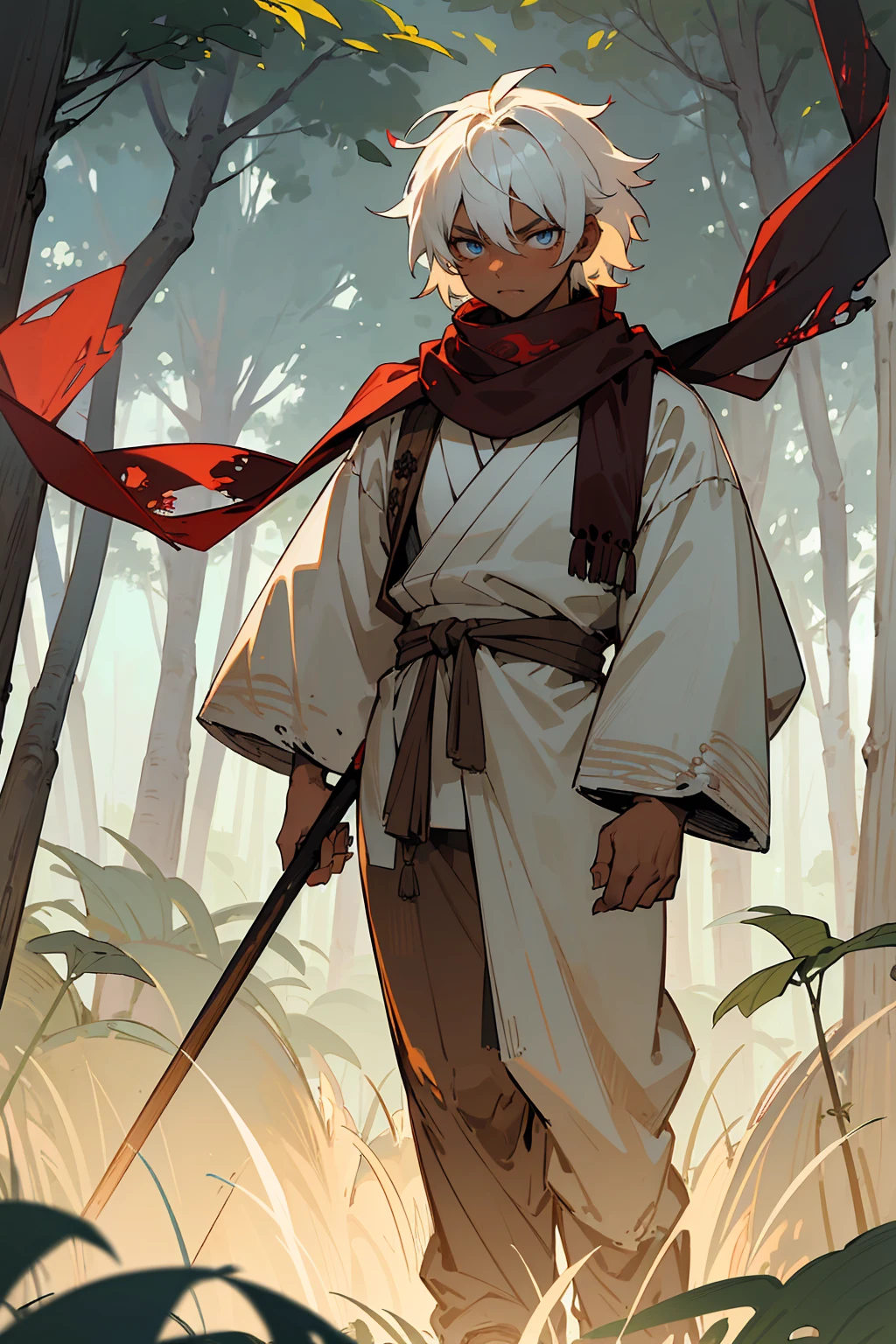 ((masterpiece,best quality,1male,male focus,masculine,solo,closed mouth,teenager,muscle,muscular)),((((white hair,short messy hair)))),((pale blue eyes,perfect eyes,glowing eyes,perfect face,calm demeanor)),((((black skin tone,dark skin color,standing still,caramel skin color,white haori,tattered red scarf,demon slayer outfit)))),((forest background,trees,walking on path,grass))