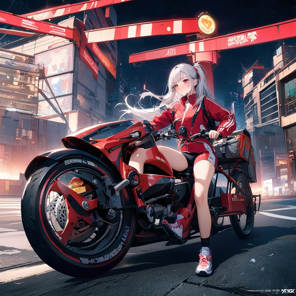 Official Art, 1girl, Unity 8K wallpaper, Extremely detailed, beautiful and aesthetic, masterpiece, best quality, Practical, trumpet, blush, Long hair, White hair, Striped hair, Red Eyes, Hairpin, Moles under the eyes, Red autumn bicycle, Cycling, night, Cyberpunk Cityscape, Epic screen, delicate.