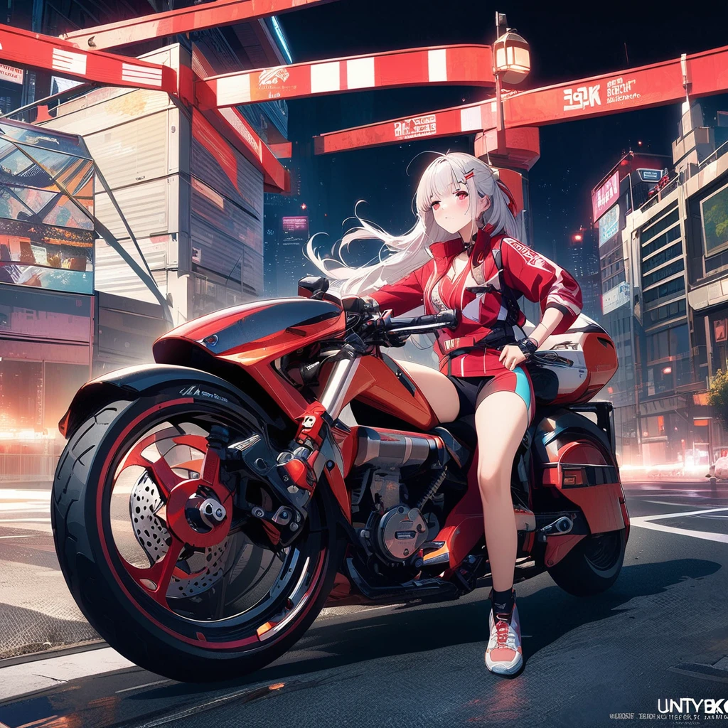 Official Art, 1girl, Unity 8K wallpaper, Extremely detailed, beautiful and aesthetic, masterpiece, best quality, Practical, trumpet, blush, Long hair, White hair, Striped hair, Red Eyes, Hairpin, Moles under the eyes, Red autumn bicycle, Cycling, night, Cyberpunk Cityscape, Epic screen, delicate.