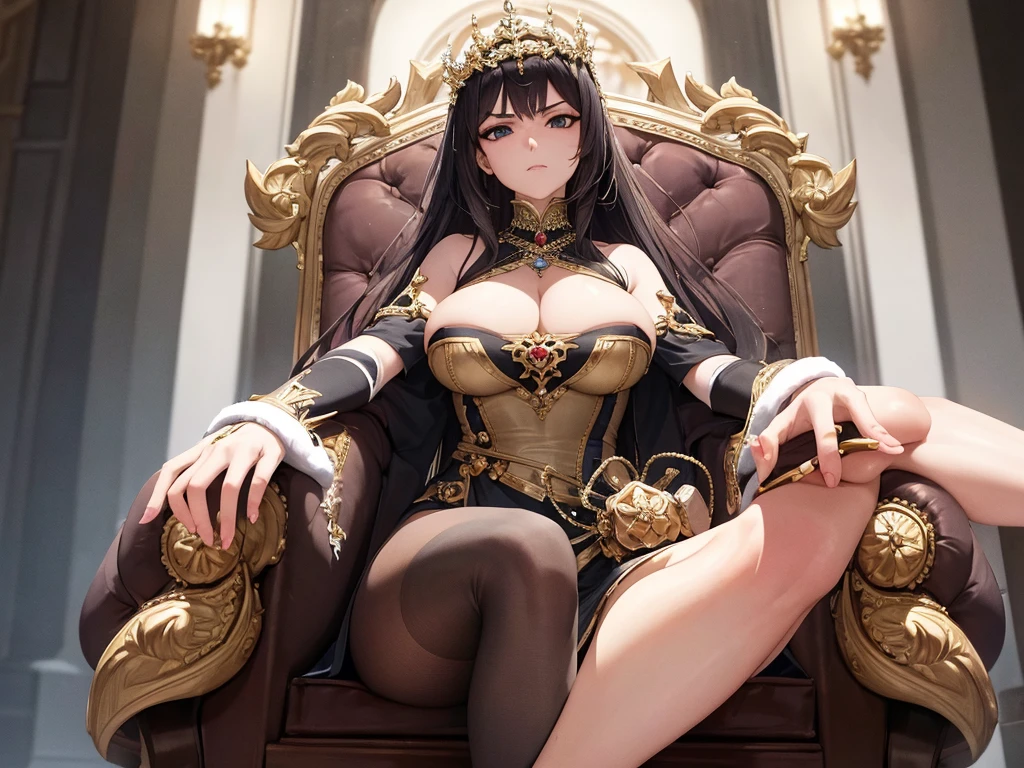 A haughty woman sits in an upholstered armchair, her posture exuding an air of unquestionable superiority. Her upright, rigid posture testifies to her self-assurance and natural arrogance. Her elegant, refined clothes accentuate her imposing appearance. Her scornful gaze, like that of a disdainful queen, expresses icy indifference. Her eyes convey a clear message: she knows she reigns at the top of the social hierarchy and demands recognition of her greatness. In the low-angle foreground, her bare foot and five cute toes are displayed for all to see. The woman's outstretched leg highlights her foot, exposed as an object of supreme desire. Foot fetishism takes on an almost sacred dimension in her presence. The foot, displayed with admiration mixed with desire and devotion, becomes a symbol of power and domination. Under the woman's haughty gaze, this staging accentuates the effect of worship, where the female foot is venerated and adored. In this haughty posture, she embodies the very essence of power and domination, reigning as uncontested mistress over her realm of desires and fantasies. Offering her foot as an object of veneration and submission, she imposes her superiority. Thanks to the low-angle effect, the view of the woman's feet further accentuates her imposing dominance and dismissive attitude. This intensifies the contrast between her perceived grandeur and those who regard her with respect and fascination, reinforcing her role as the central figure in this theme of fetishism and worship.