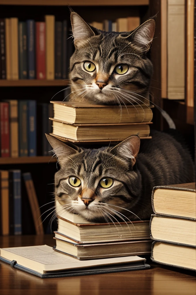 Create image of a cat looking at a stack of books,with a raised eyebrow. Let the expression be noticed. Let the image be funny