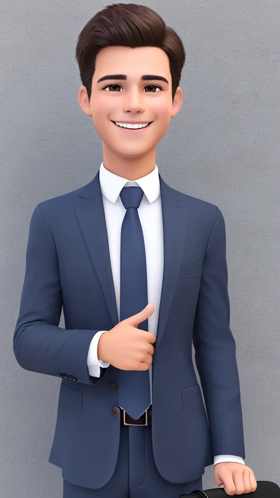Young man with dark hair, brown eyes, wearing dark blue business clothes, smiling, showing thumb up, realistic, cartoon style