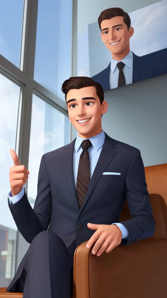 Young man with dark hair, brown eyes, wearing dark blue business clothes, smiling, showing thumb up, realistic, cartoon style