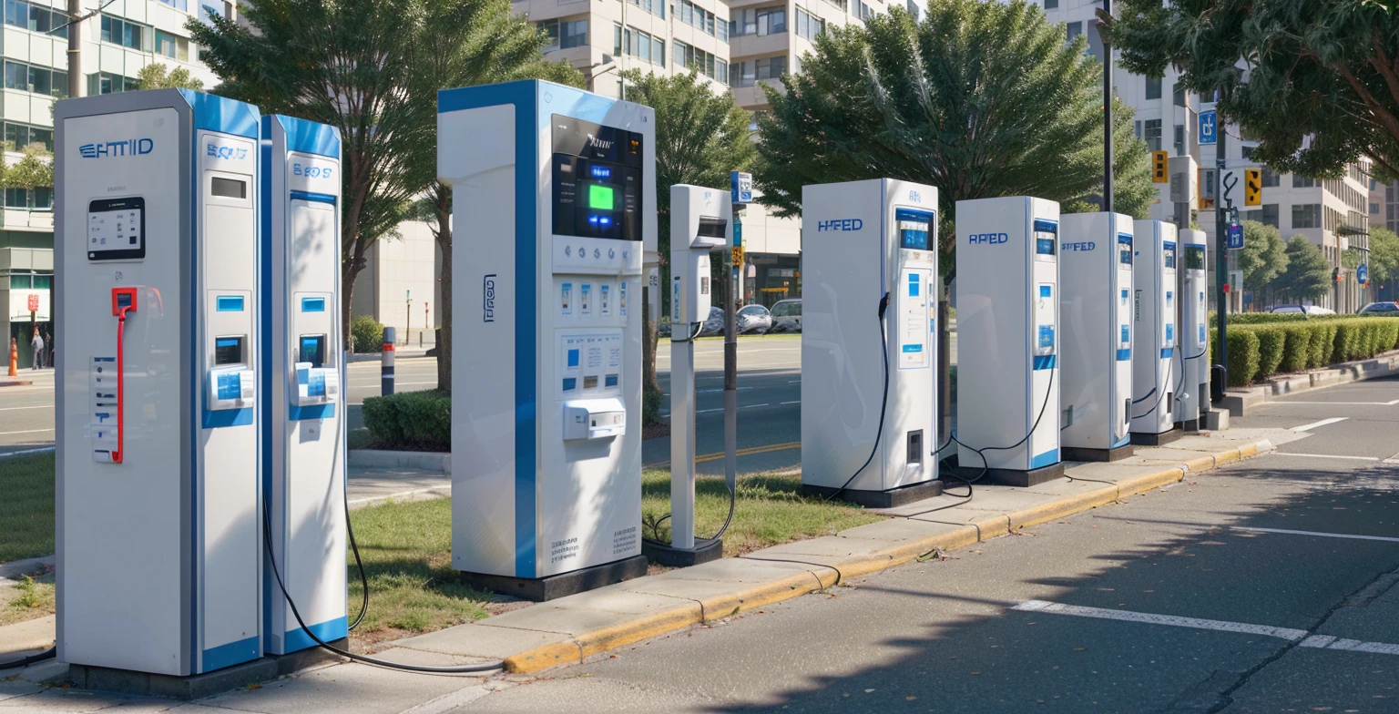 arafed electric charging stations are lined up in a row, very intense, charging through city, by Randy Post, motivational, a super-smart, conceptual, a hyper realistic, inspiring, circular, very neat, 2 1 st century, static, hyper realistic ”, hyper realistic”, easy, best selling, it's very huge, energy, large and in charge, upset