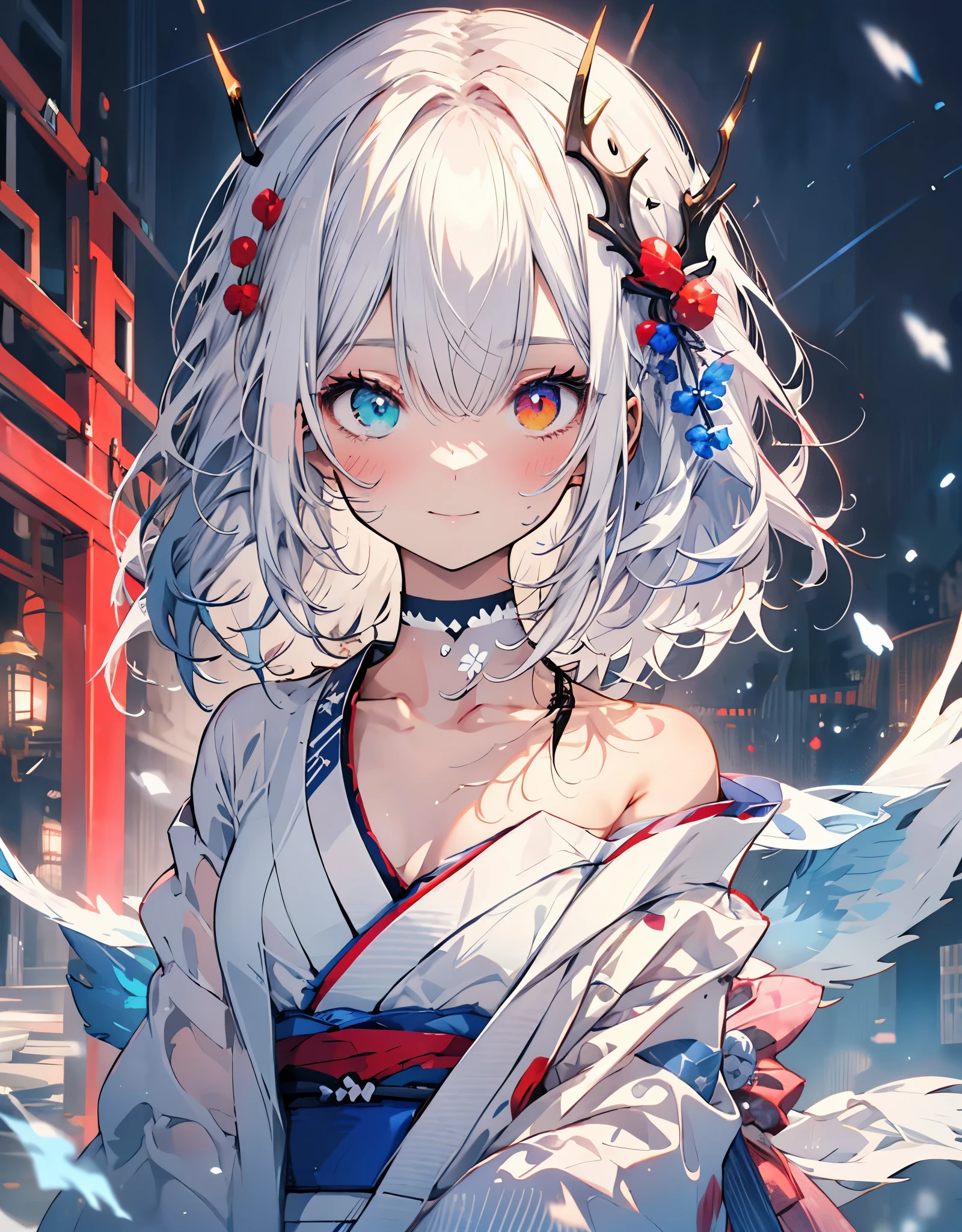 [[[ ultra-detailed, best quality, soft skin, beautiful, 4K]]] white hair, white fox ears, perfect blue and red eyes (heterochromia, tied-up hair, slender body, dynamic angle, white choker, white and blue upper loose kimono (off shoulders kimono ) , white fox ears, calm expression, female, snowy palace gardens background, serious). walking angle, ((little horny smile)), bare shoulders,  easy like, scenery 