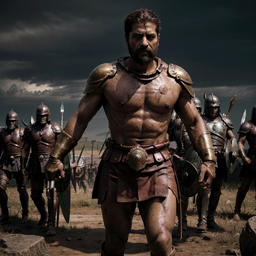 "(best quality,highres),A powerful image of King Leonidas standing at the forefront, leading his Spartan warriors, with determination in his eyes and a rugged, battle-worn appearance., Anime style, gladiator, give it a dark tone, vibrant colors"