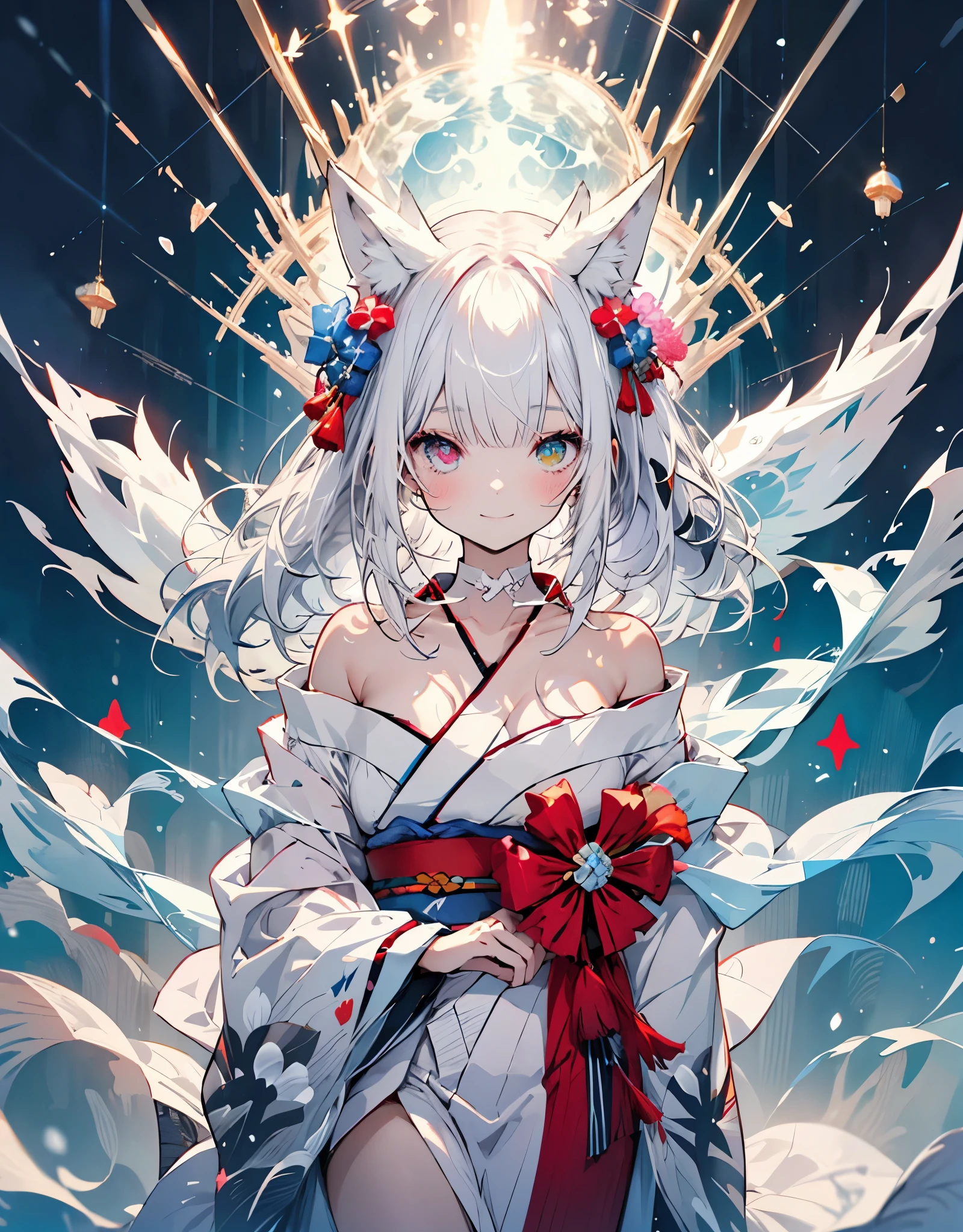 [[[ ultra-detailed, best quality, soft skin, beautiful, 4K]]] white hair, ((white fox ears)), perfect blue and red eyes (heterochromia, tied-up hair, slender body, dynamic angle, white choker, white and blue upper loose kimono (off shoulders kimono ) , white fox ears, calm expression, female, snowy palace gardens background, serious). walking angle, ((little horny smile)), bare shoulders,  easy like, scenery 