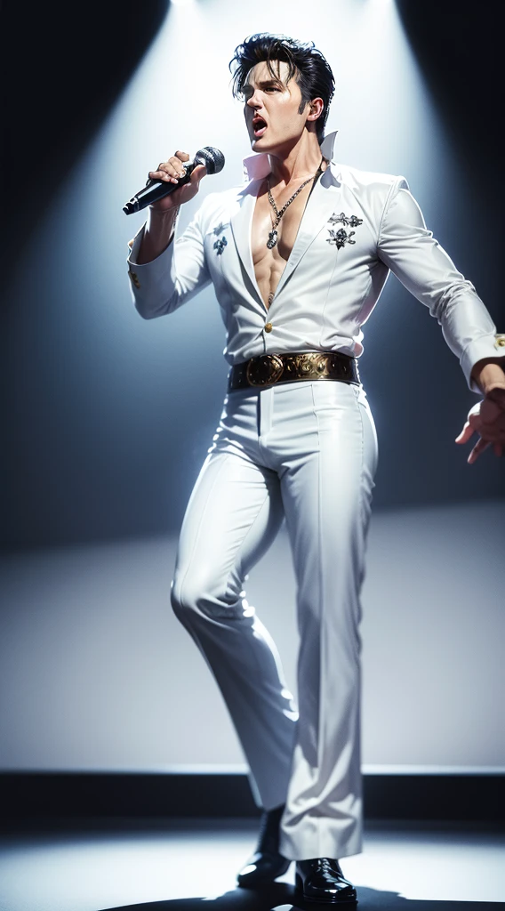 Create a full body close UP image of Elvis Presley, singing for fans best quality High quality