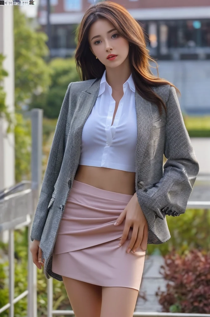 a 19 year old girl, she is the most beautiful actress in the world, the perfect body proportions of this girl, all she exposes is the lower of her body, the skin of her whole upper body is hidden 100%, her large breasts within clothes are indirectly appealed, formal blazer is firmly closed on her waist between shirt and short skirt, the panties between her legs under short skirt is seen just 1cm, her bare thighs, her bare knees, her face and her body is looking straight at viewer of this picture, only one description of this picture, below her shins are out of this picture frame, her head is right below the top of this picture frame, she is standing straight, best quality, highly detailed, masterpiece, ultra high res, photo realistic, 8k, RAW photo