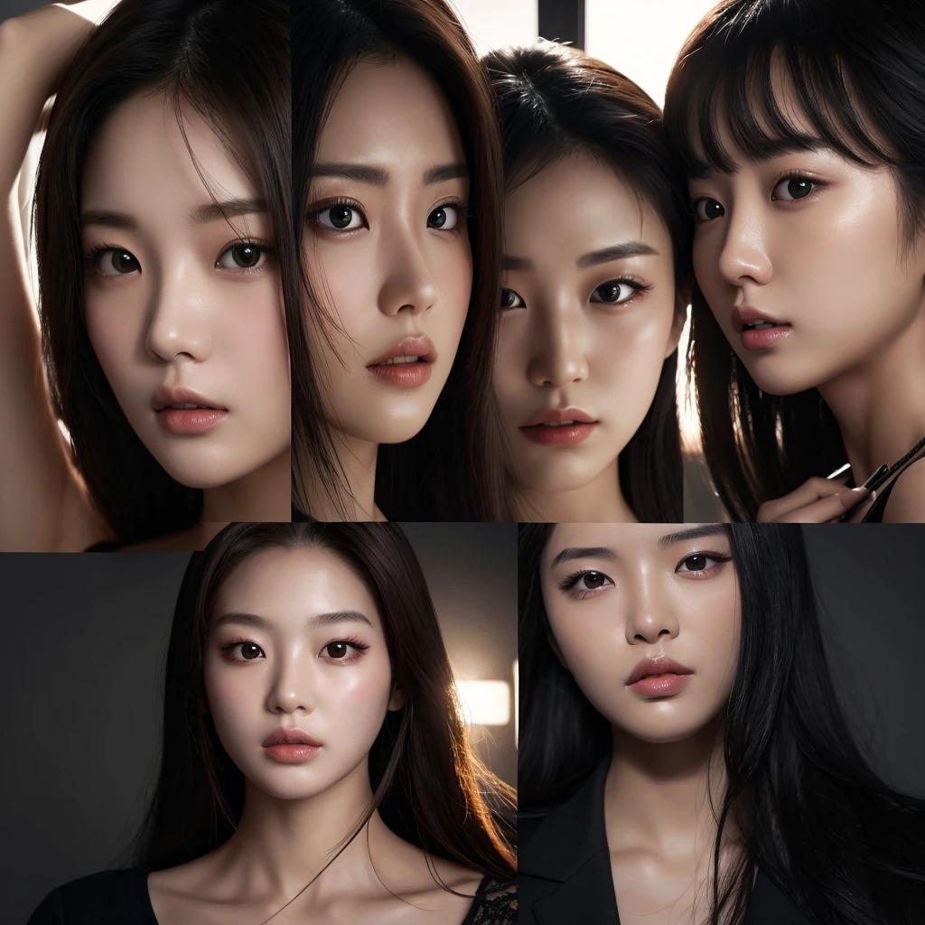 Close-up shot of three Korean beauties with seductive expressions。This scene is intense and dramatic.、Strobe lighting and strong backlighting create high contrast visuals。The women's faces are highlighted、It expresses an intense and captivating gaze.。」