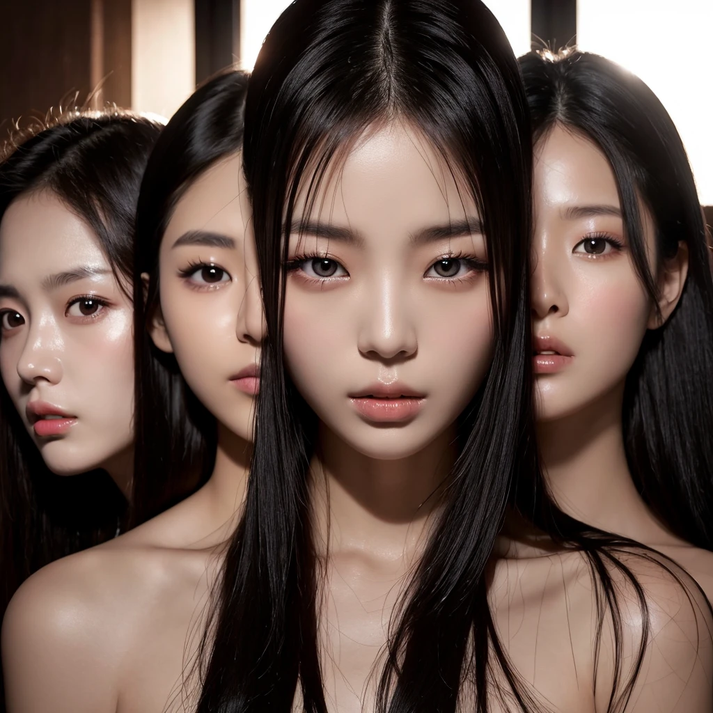 Close-up shot of three Korean beauties with seductive expressions。This scene is intense and dramatic.、Strobe lighting and strong backlighting create high contrast visuals。The women's faces are highlighted、It expresses an intense and captivating gaze.。」