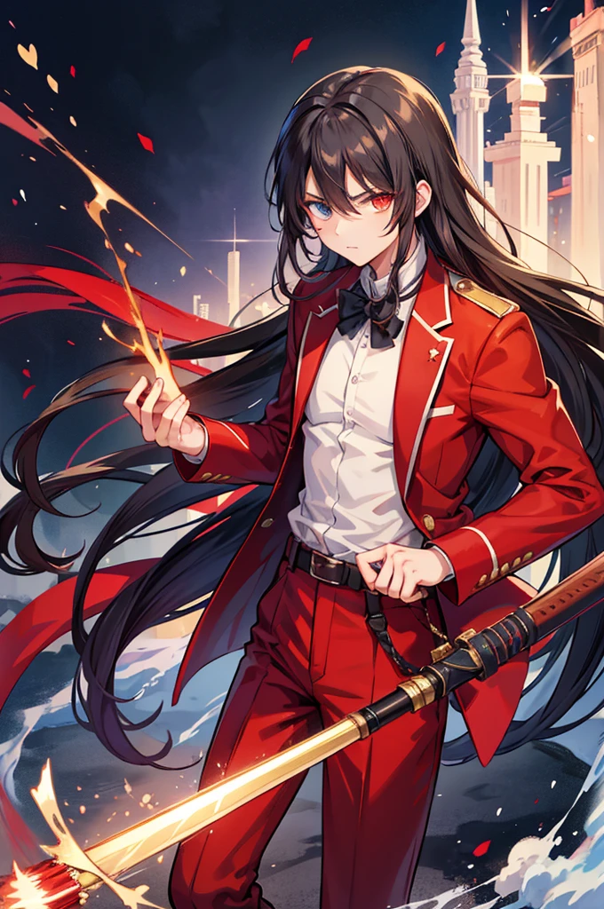 anime boy in a red suit pointing at the camera, anime cover, anime style like fate/stay night, hijikata toushirou, by Jin Homura, handsome anime pose, yandere, yandere. tall, anime visual of a cool guy, inspired by Munakata Shikō, anime moe artstyle, black hair with red tips, long hair, heterochromia left is red, right is bright yellow, holding ancient wooden flintlock pistol in front of him
