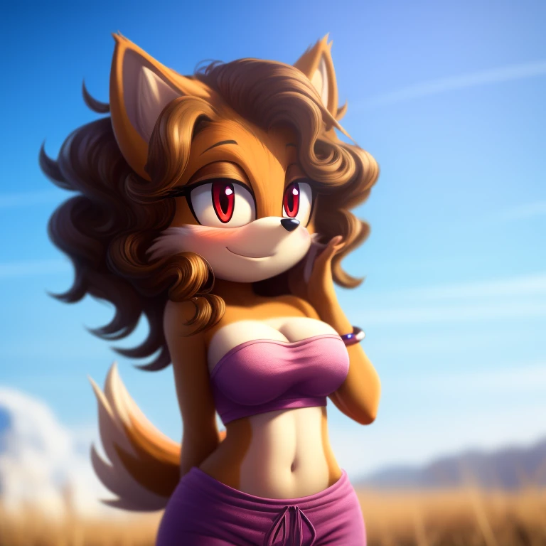 mobian, solo, hedgehog, two-tone fur ((orange fur, brown fur)), strapless crop top, baggy pants, cleavage, two-tone hair (brown hair, black tip)), curly hair, halo, sunglasses, jewelry, red eyes, longeyelashes, red eyes, smile, shy, blush,  framed, stereogram, image fill, viewfinder, depth of field, high details, high detail, masterpiece, UHD, anatomically correct, super detail, highres, 4K
