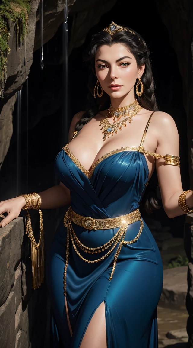 Ava Gardner, 29-years-old, in a long dress, See-through fabric, thighs exposed, blue dress with gold details and long fringes, gold armbands, long gold bracelets, gold choker necklace, tiara dourada, large hoop earrings, golden belt, majestic pose, black hair with braids, Curvilinear athletic body, clear eyes, look-at-camera, facial expression of tenderness, Romanticism, dark cave with piercing rays, stones, waterfall