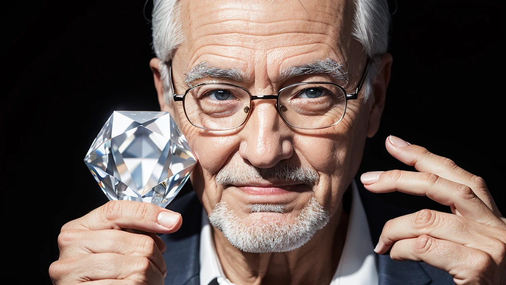 An old man holding a rare diamond and impressed looking at it, feeling like the luckiest person in the world