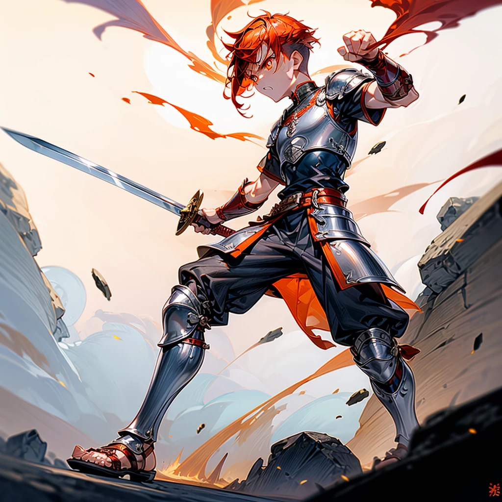 1boys, Full body version, orange eyes, undercut hair, red colour hair, very angry expression, gladiator clothing, short sleeve shirt, gladiator skirt, silver armor body, bodybelt, gladiator sandals, Spatha sword in hand, (war gesture), Grassroots background in war, smoke 