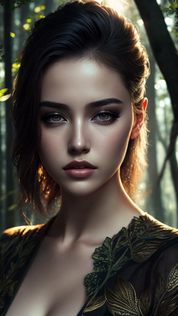 half body, Close-up of a beautiful woman in the forest with heavy makeup, soft volumetric light, (backlight: 1.3), (movie: 1.2), intricate details, (ArtStation: 1.3), Rutkowski