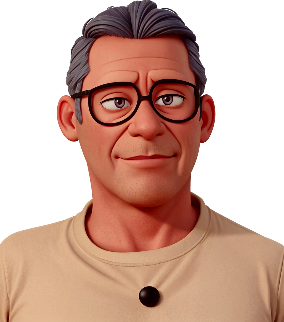 pixar drawing style, bem cartoon. Draw a man of approximately 58 years old with short gray hair, It&#39;s the color of the brown shirt.