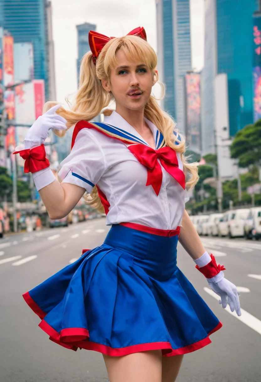 A mid shot photograph of Ryan Gosling dressed in an action pose in a magical girl outfit SailorMoon, taking_off_shirt, blue skirt, white shirt, white gloves, large red bow on chest, background Tokyo City, long blonde hair