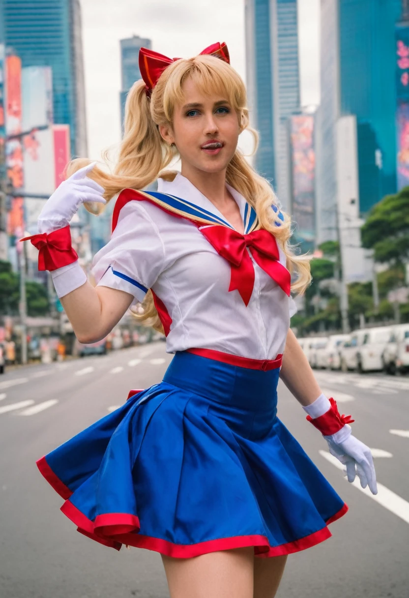 A mid shot photograph of Ryan Gosling dressed in an action pose in a magical girl outfit SailorMoon, taking_off_shirt, blue skirt, white shirt, white gloves, large red bow on chest, background Tokyo City, long blonde hair