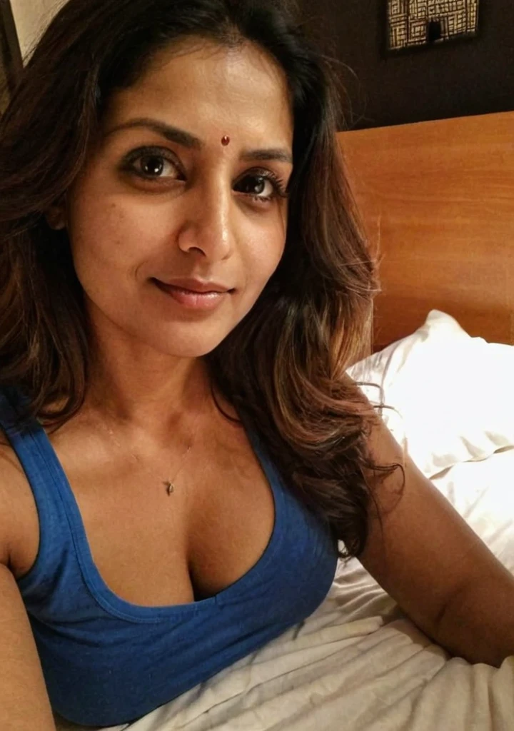 iphone night mode photo, pretty indian innocent mature mom, fair white skin, curvaceous body, lying in bed, takig selfie, at night, in a low neck tank top, ample cleavage, low light, dark photo, dimly lit, extreme close-up