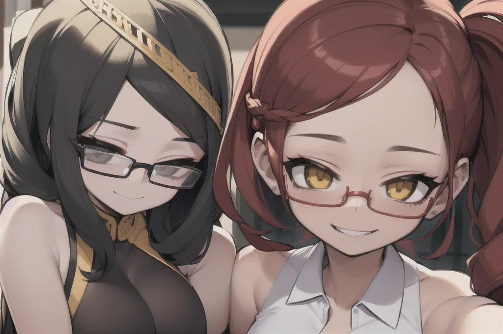 two sexy women who are wives of boy, looking at camera, seductive smiles, portrait, black hair with two braids, cute smiles, glasses
