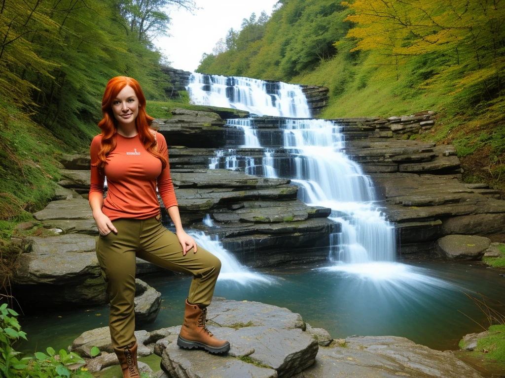 waterfall and Pools at 35 feet high,  Vibrant red hair girl "She's very tall Extra long legs, Big breasts, and here arm over her head, On the other in her  air and in the hair, clothes Hiking pants and top in the colour of Brown khaki Gear," Standing knee high with  white little dogs, Give this picture an Irish feel of an Irish countryside," Make all the water Bright blue She's got to be in hiking boots trousers and top
