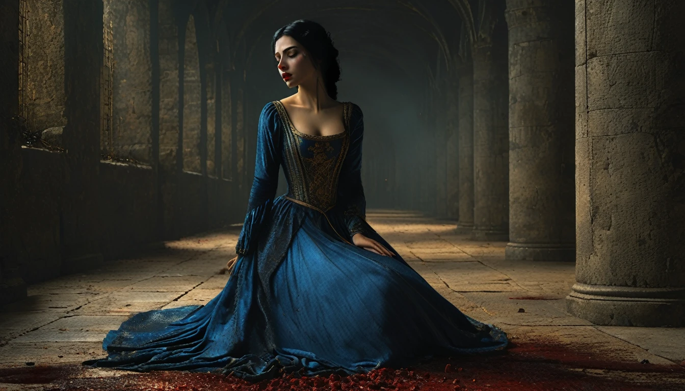 (((medieval style))), image of a princess in a blue dress waking up on the floor scared with her lips bleeding, Bill Henson, black hair, super detailed golden eyes, blood red lips, super detailed 4k, Unreal 5 graphics engine